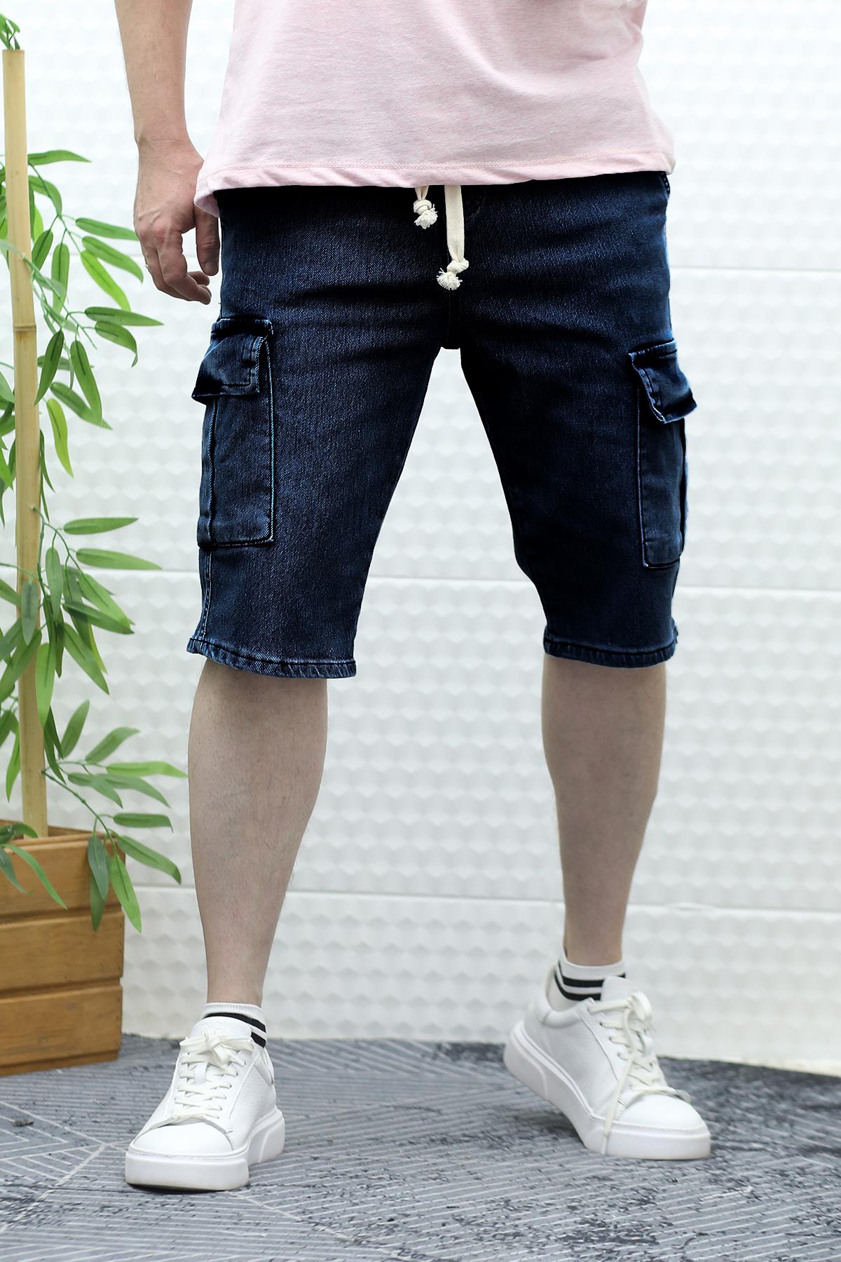 Erkek Kargo Cepli Kot Şort - Mavi