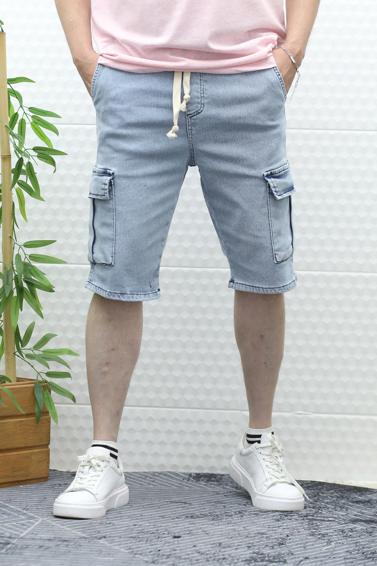 Erkek Kargo Cepli Kot Şort - Buz Mavi