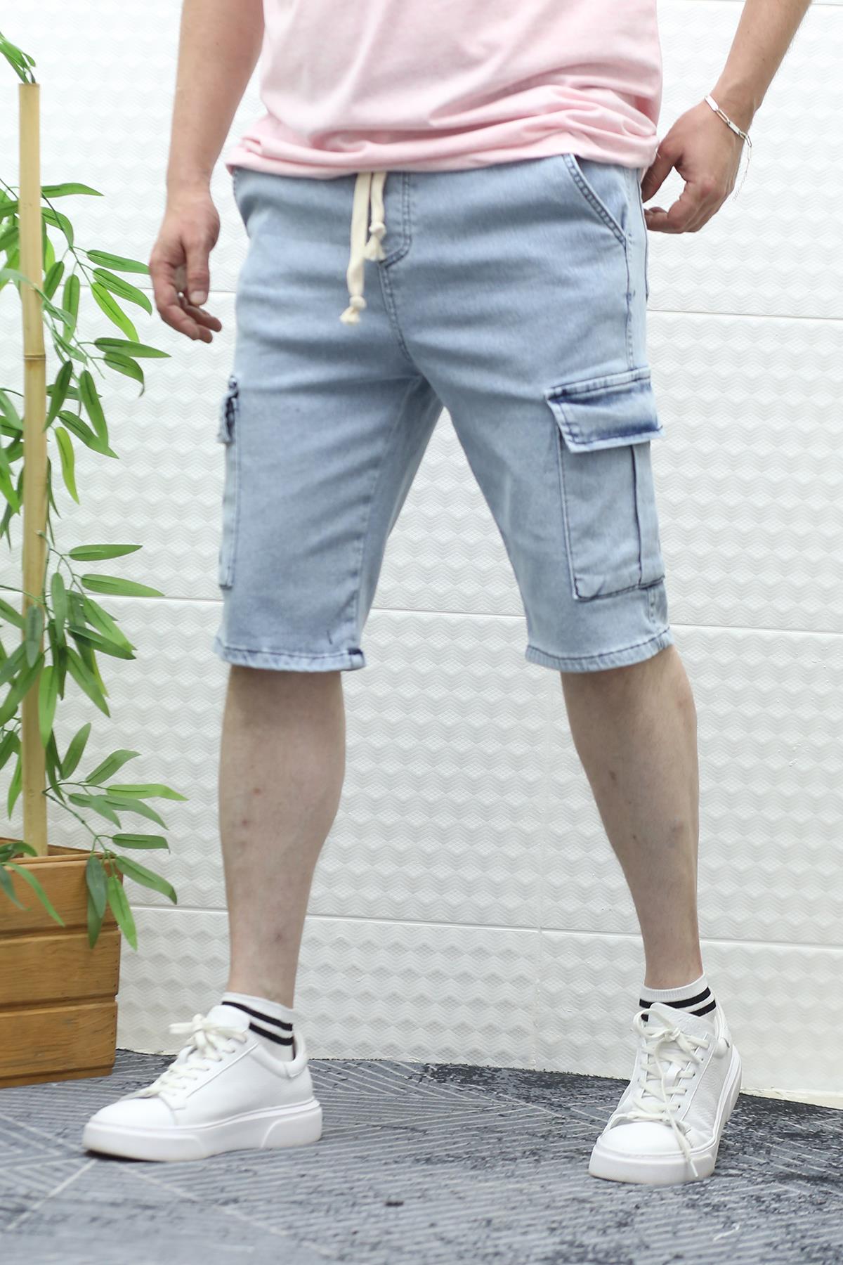 Erkek Kargo Cepli Kot Şort - Buz Mavi