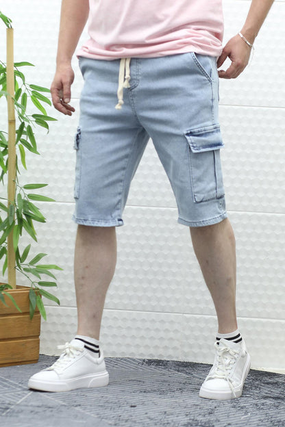 Erkek Kargo Cepli Kot Şort - Buz Mavi