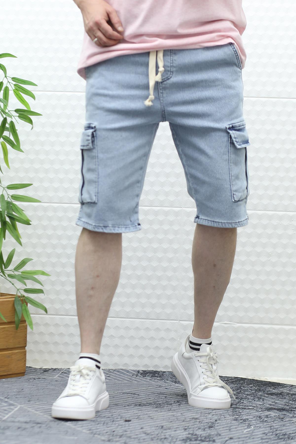 Erkek Kargo Cepli Kot Şort - Buz Mavi