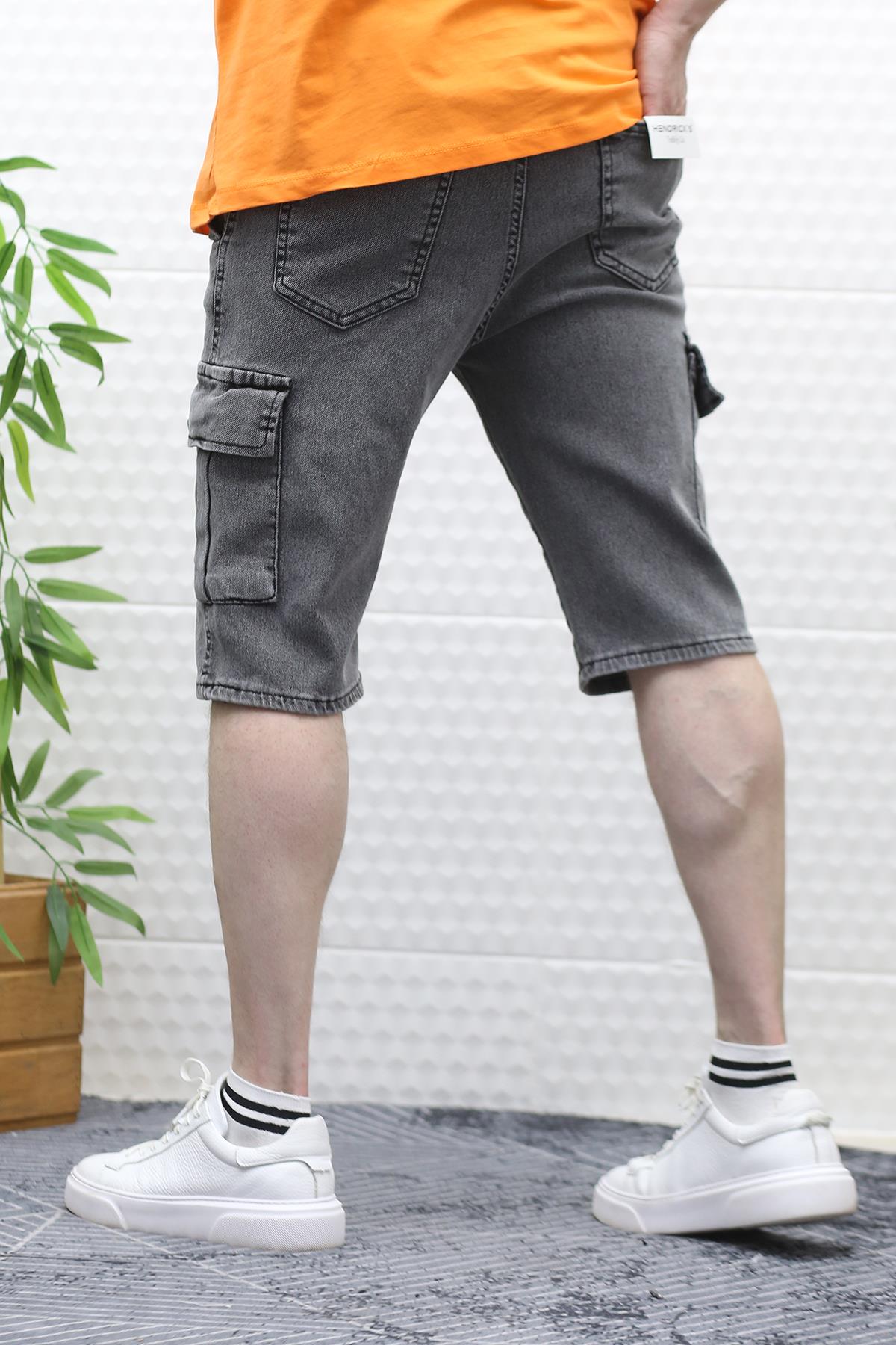 Erkek Kargo Cepli Kot Şort - Gri