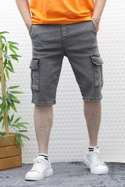 Erkek Kargo Cepli Kot Şort - Gri
