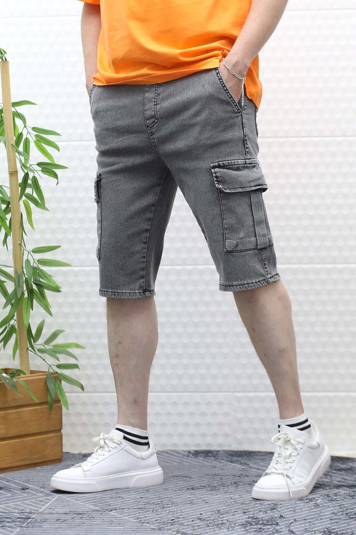 Erkek Kargo Cepli Kot Şort - Gri