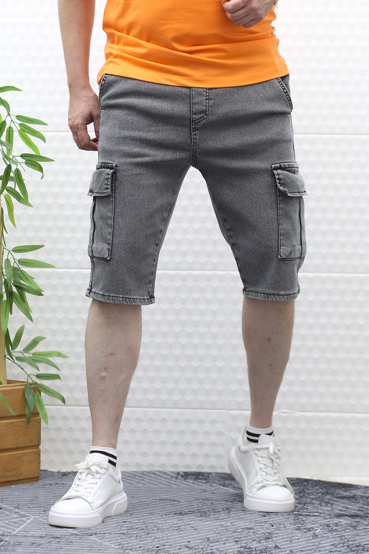 Erkek Kargo Cepli Kot Şort - Gri