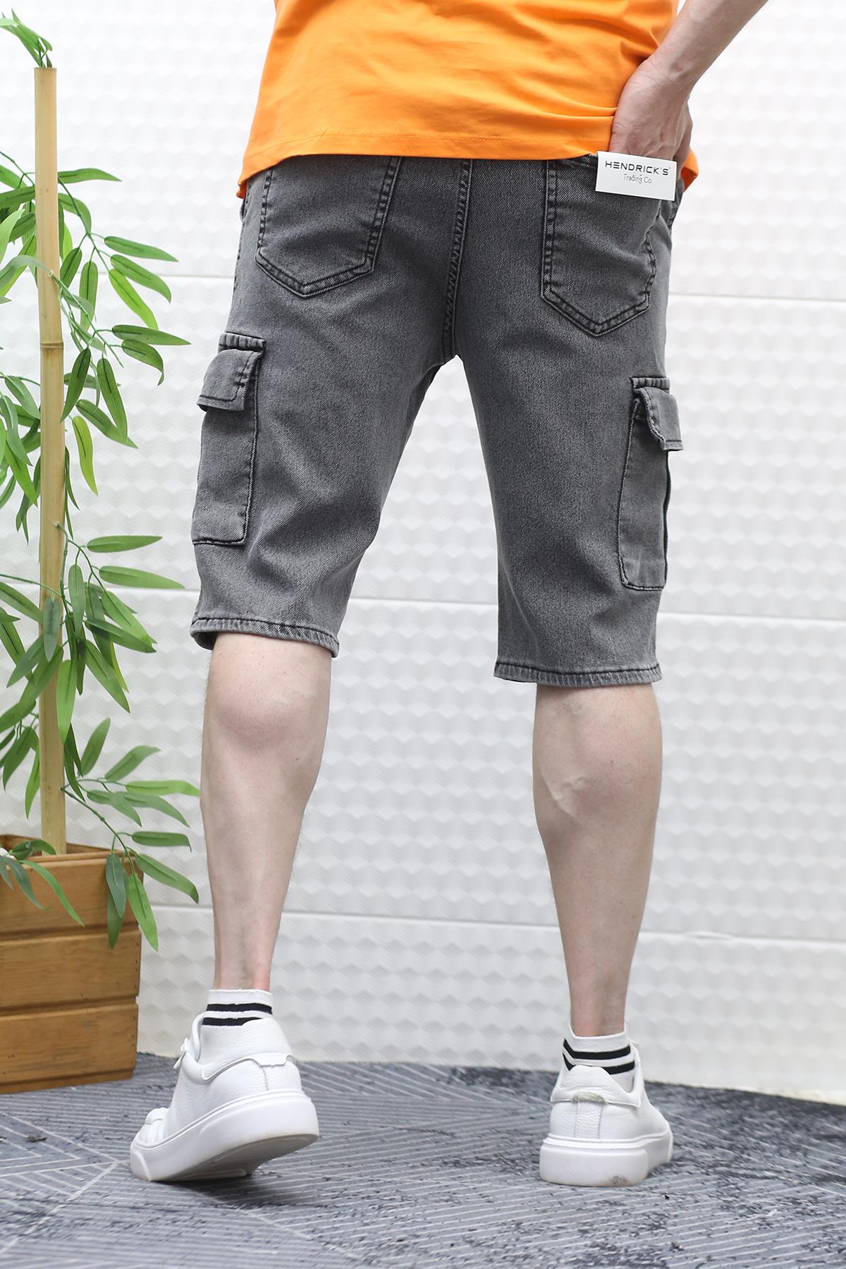 Erkek Kargo Cepli Kot Şort - Gri