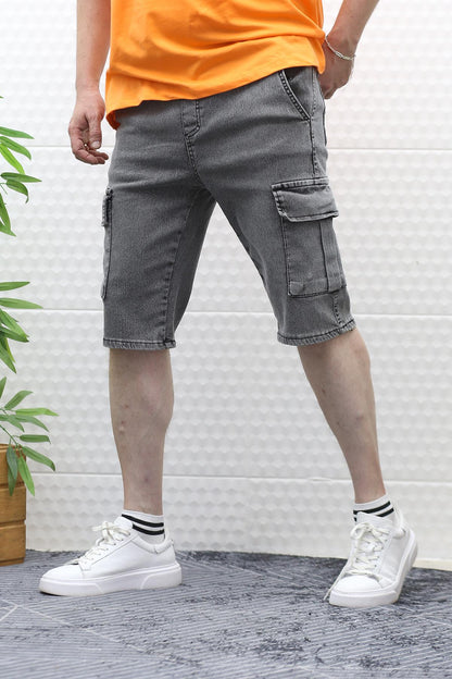 Erkek Kargo Cepli Kot Şort - Gri