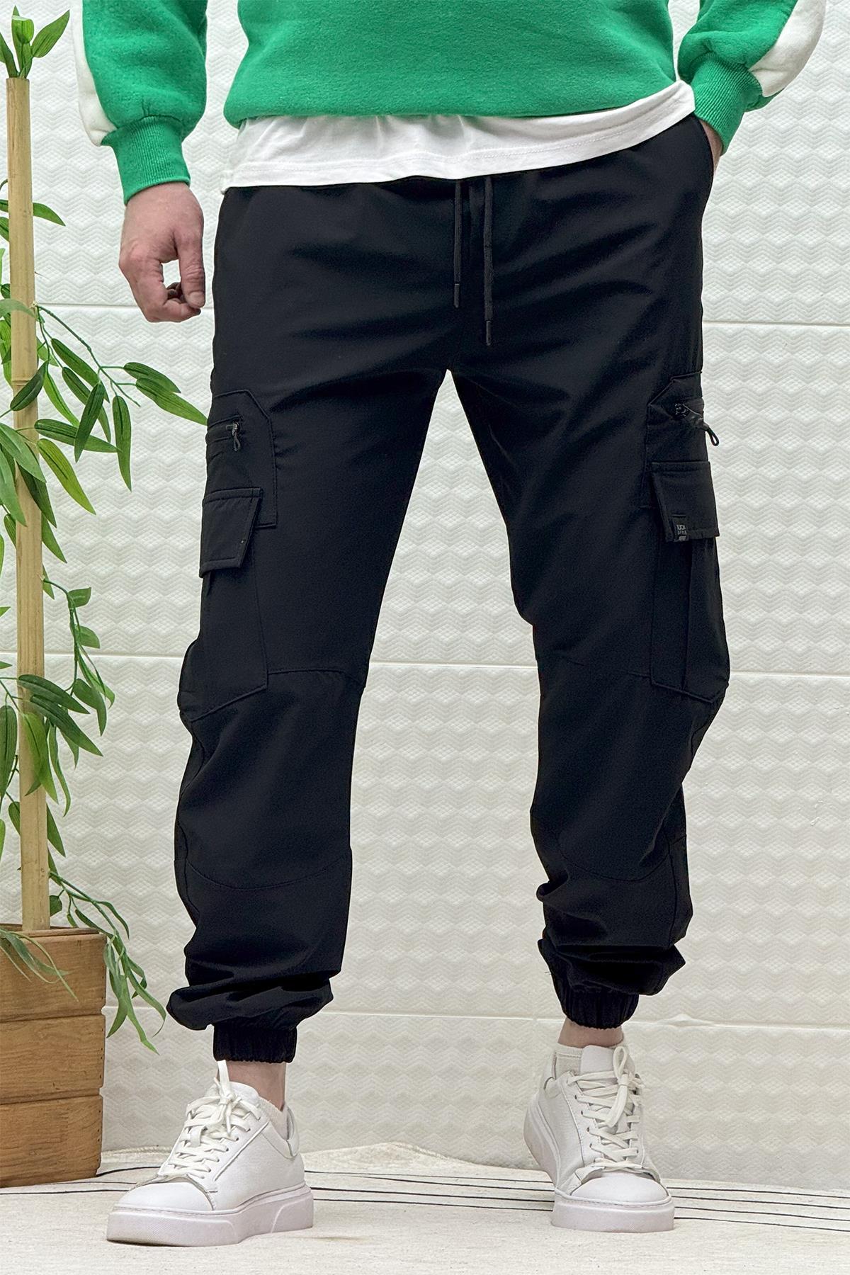 Erkek Kargo Cepli Modelli Paraşüt Jogger Pantolon - Siyah