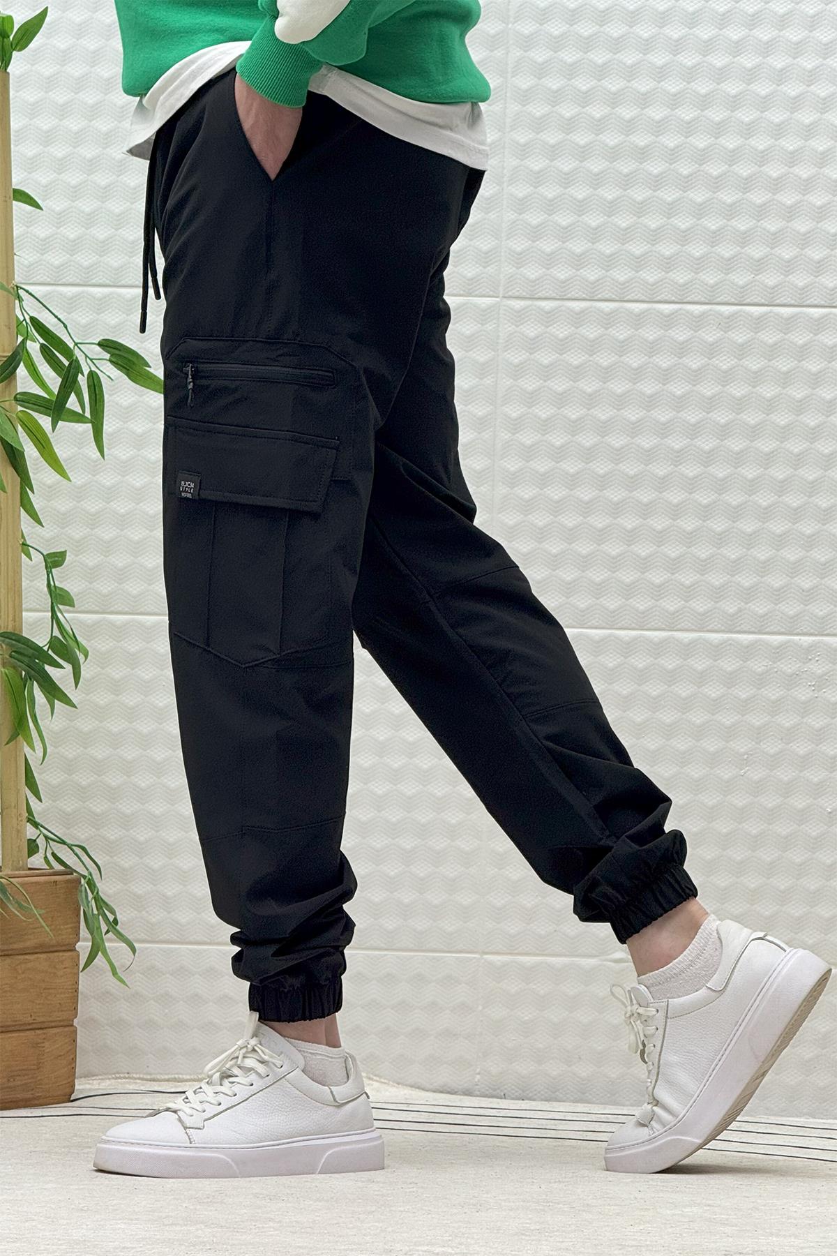 Erkek Kargo Cepli Modelli Paraşüt Jogger Pantolon - Siyah