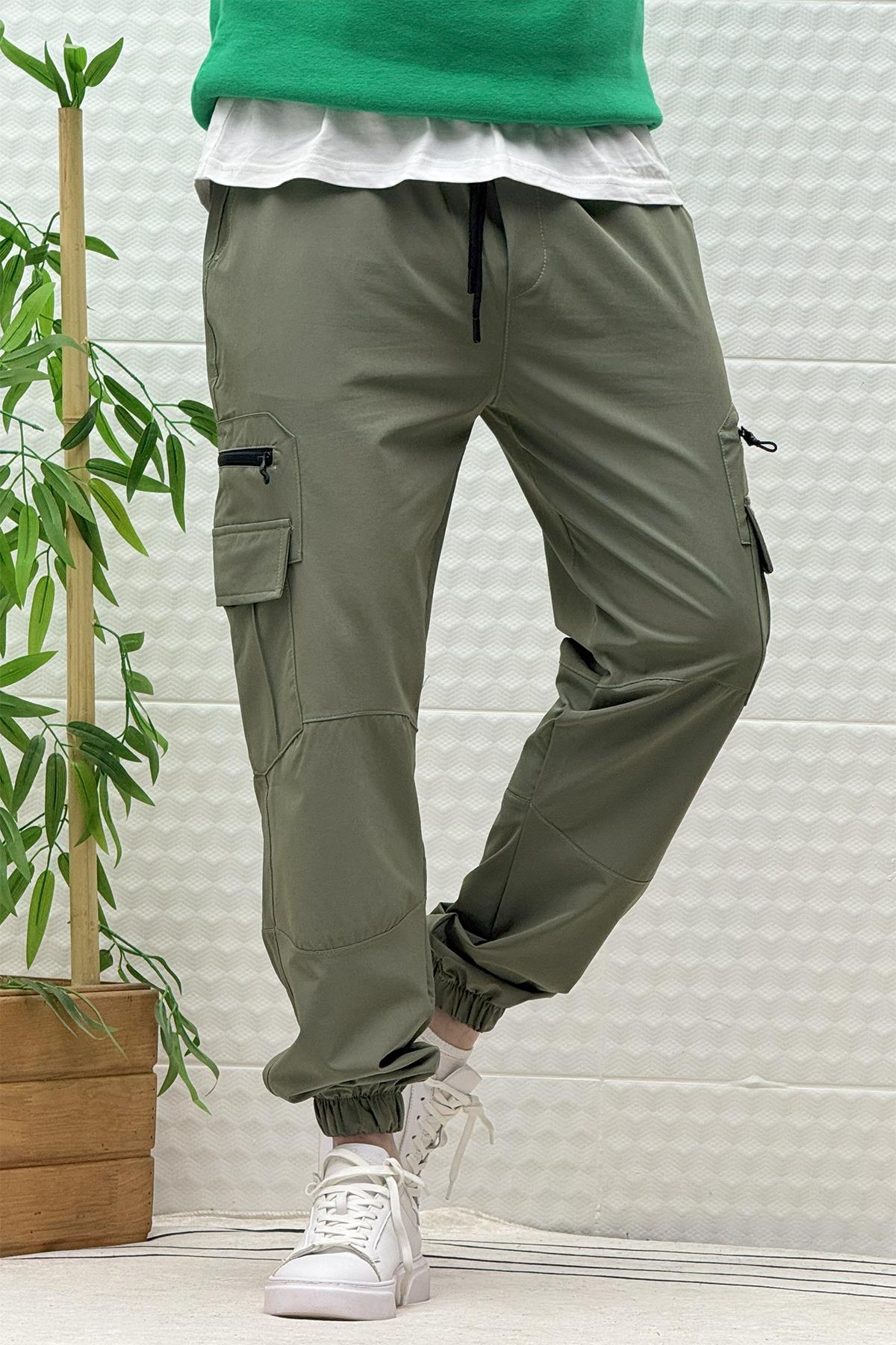 Erkek Kargo Cepli Modelli Paraşüt Jogger Pantolon - Haki Yeşil