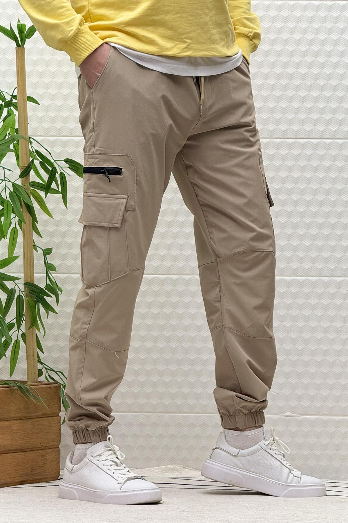 Erkek Kargo Cepli Modelli Paraşüt Jogger Pantolon - Vizon