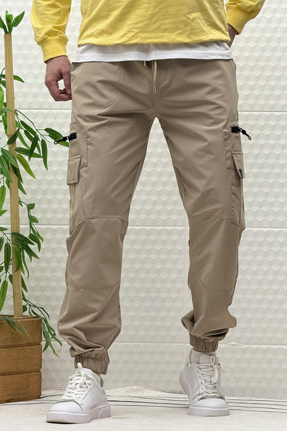 Erkek Kargo Cepli Modelli Paraşüt Jogger Pantolon - Vizon