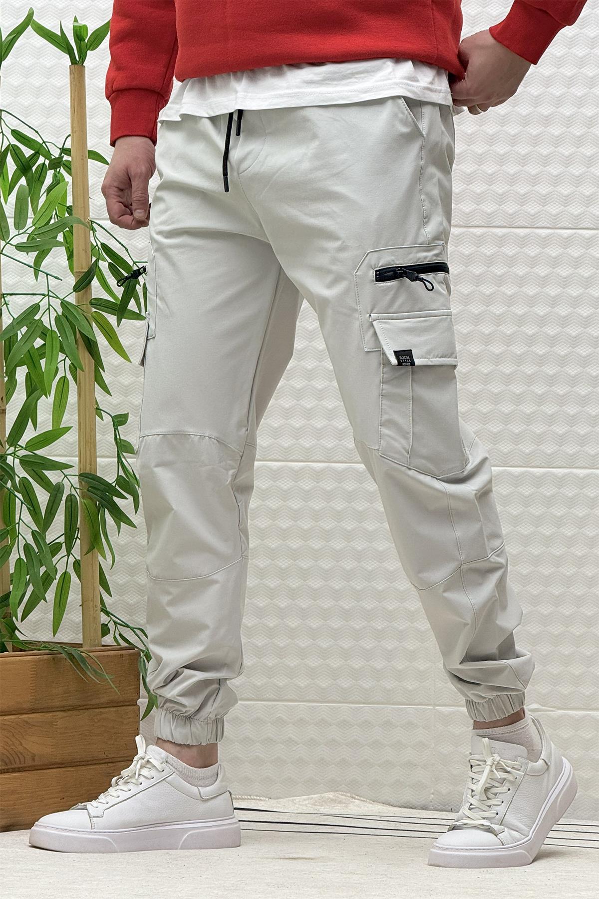 Erkek Kargo Cepli Modelli Paraşüt Jogger Pantolon - Açık Gri