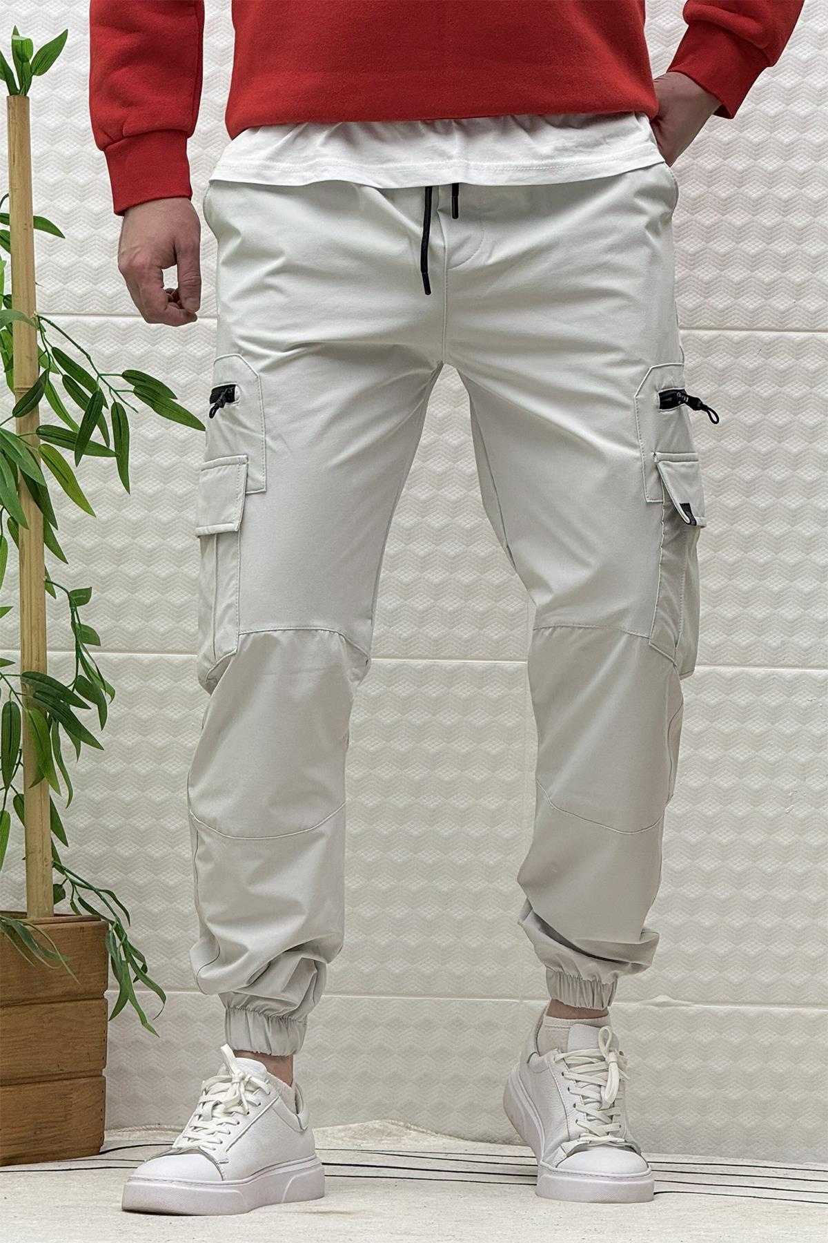 Erkek Kargo Cepli Modelli Paraşüt Jogger Pantolon - Açık Gri