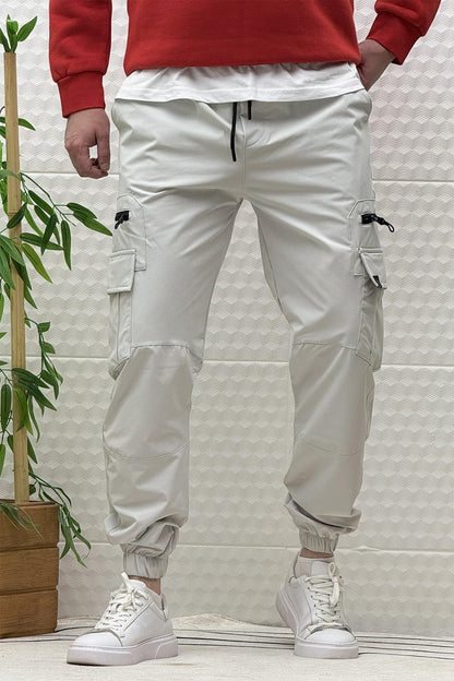 Erkek Kargo Cepli Modelli Paraşüt Jogger Pantolon - Açık Gri