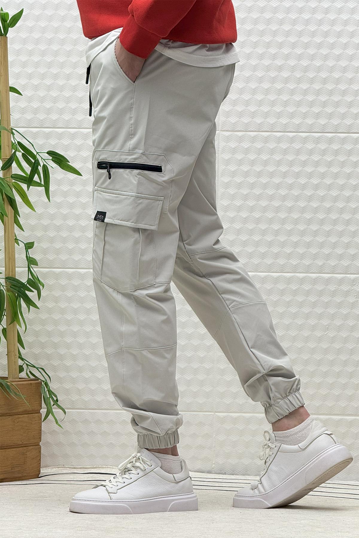 Erkek Kargo Cepli Modelli Paraşüt Jogger Pantolon - Açık Gri