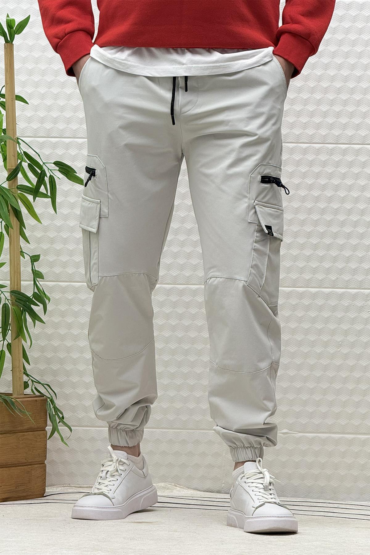Erkek Kargo Cepli Modelli Paraşüt Jogger Pantolon - Açık Gri