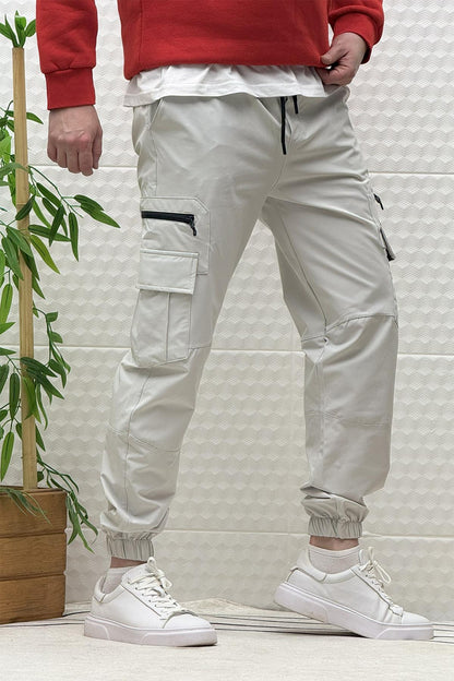 Erkek Kargo Cepli Modelli Paraşüt Jogger Pantolon - Açık Gri