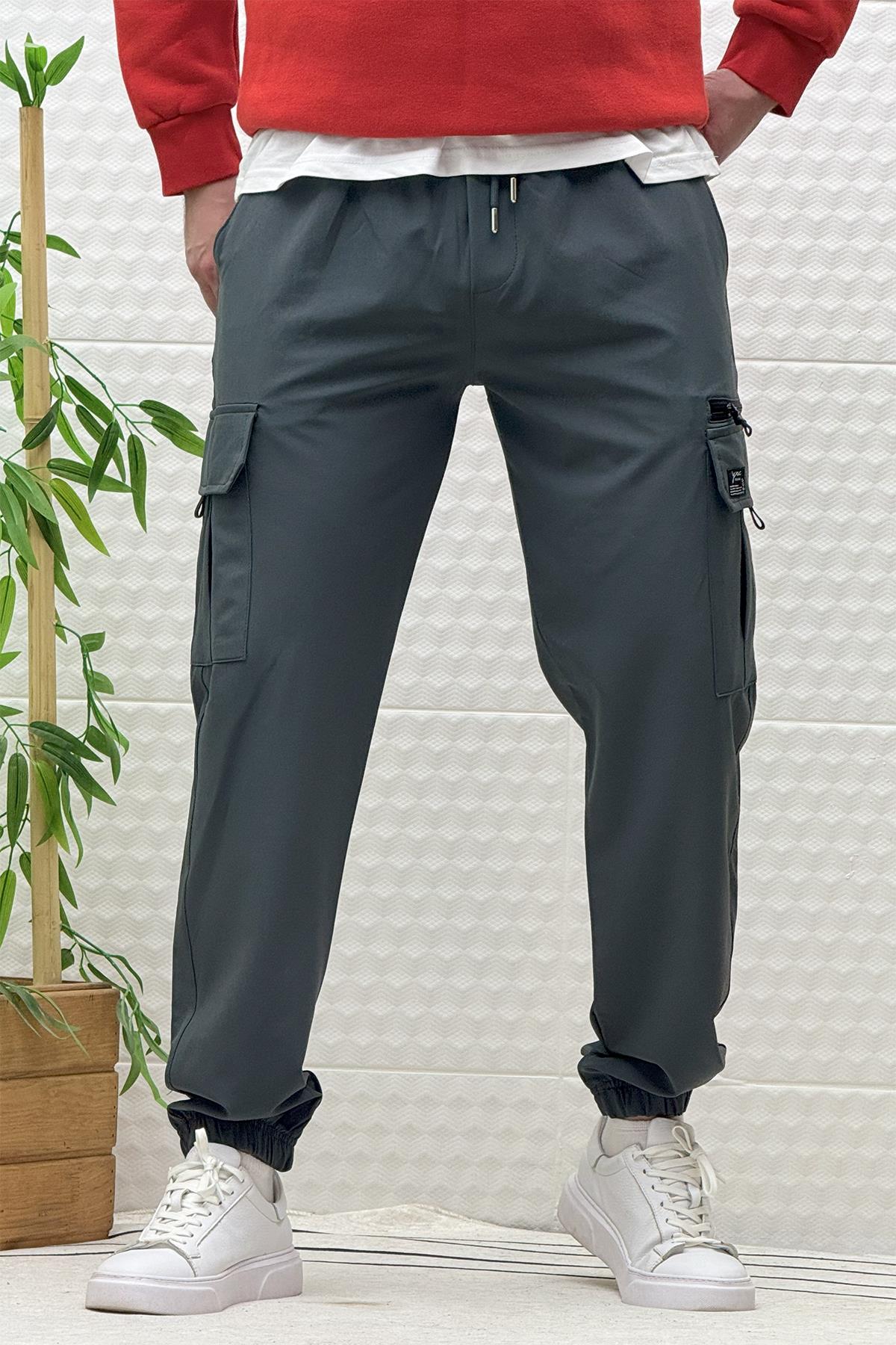 Erkek Kargo Cepli Modelli Paraşüt Jogger Pantolon - Füme