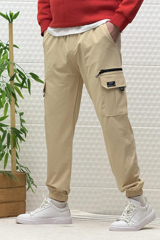 Erkek Kargo Cepli Modelli Paraşüt Jogger Pantolon - Bej