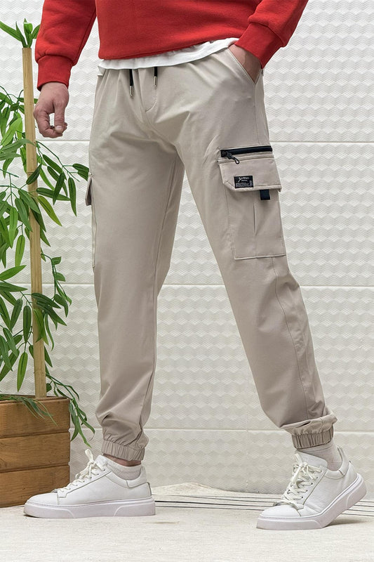 Erkek Kargo Cepli Modelli Paraşüt Jogger Pantolon - Taş Rengi