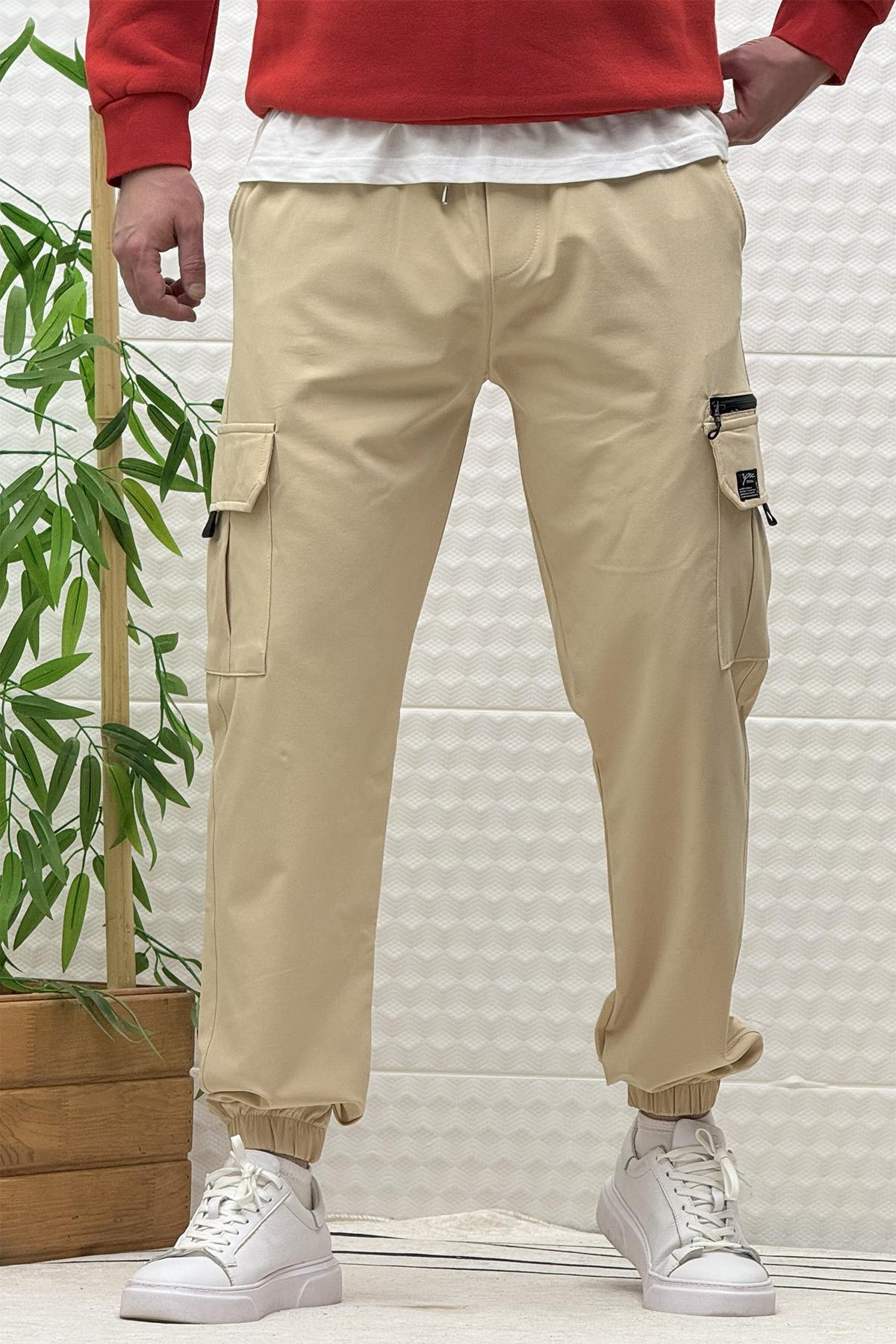 Erkek Kargo Cepli Modelli Paraşüt Jogger Pantolon - Bej