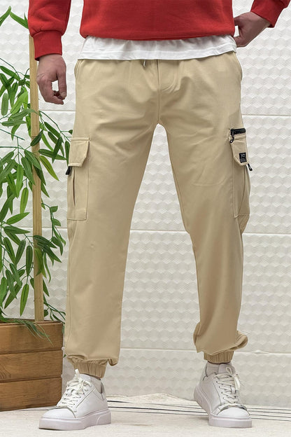 Erkek Kargo Cepli Modelli Paraşüt Jogger Pantolon - Bej