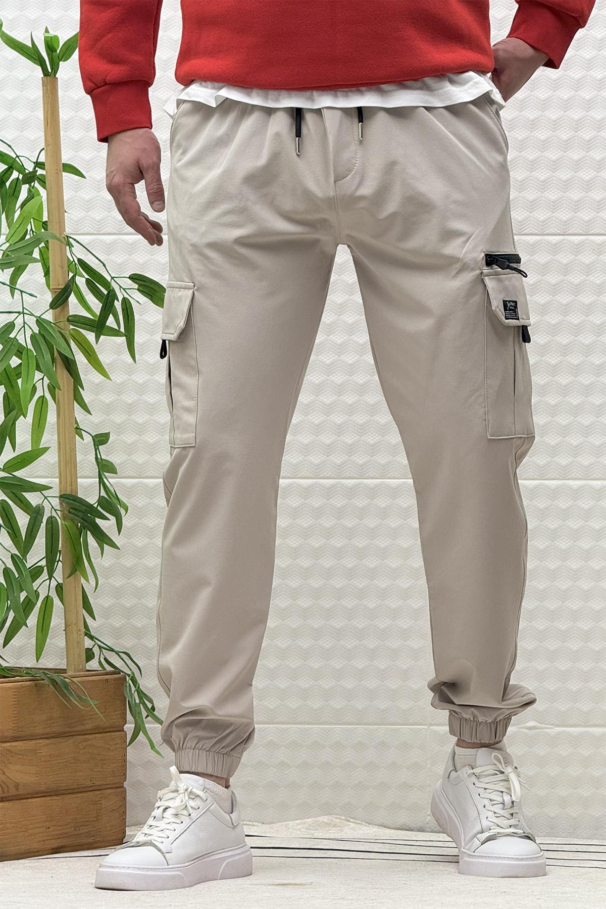 Erkek Kargo Cepli Modelli Paraşüt Jogger Pantolon - Taş Rengi