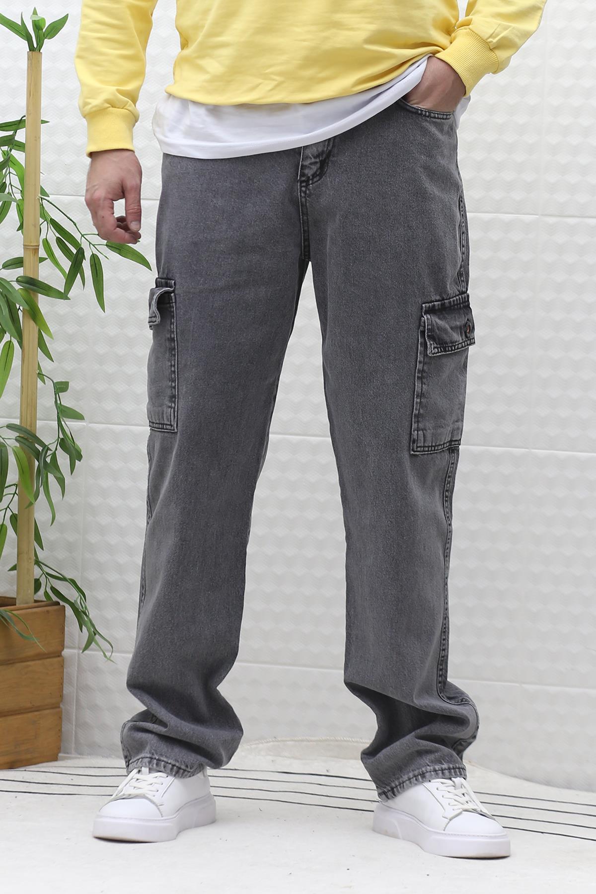 Erkek Kargo Cepli Rahat Kesim Baggy Kot Pantolon - Füme