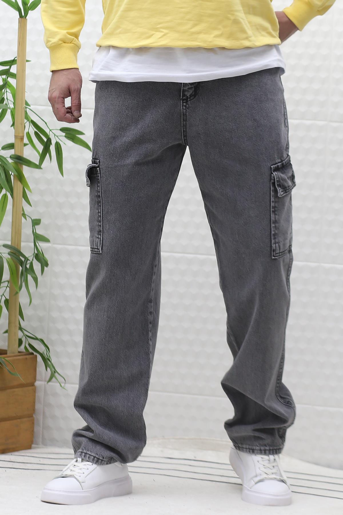 Erkek Kargo Cepli Rahat Kesim Baggy Kot Pantolon - Füme