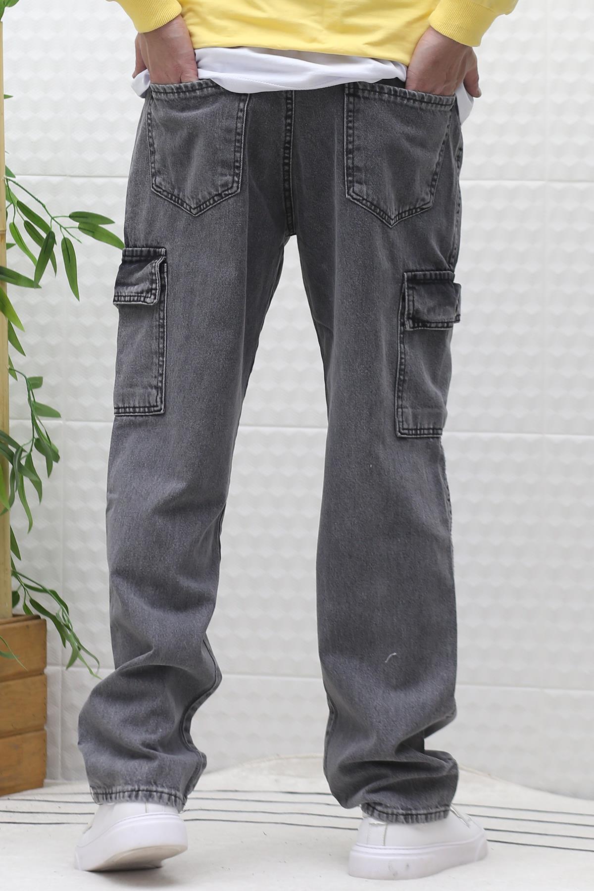 Erkek Kargo Cepli Rahat Kesim Baggy Kot Pantolon - Füme