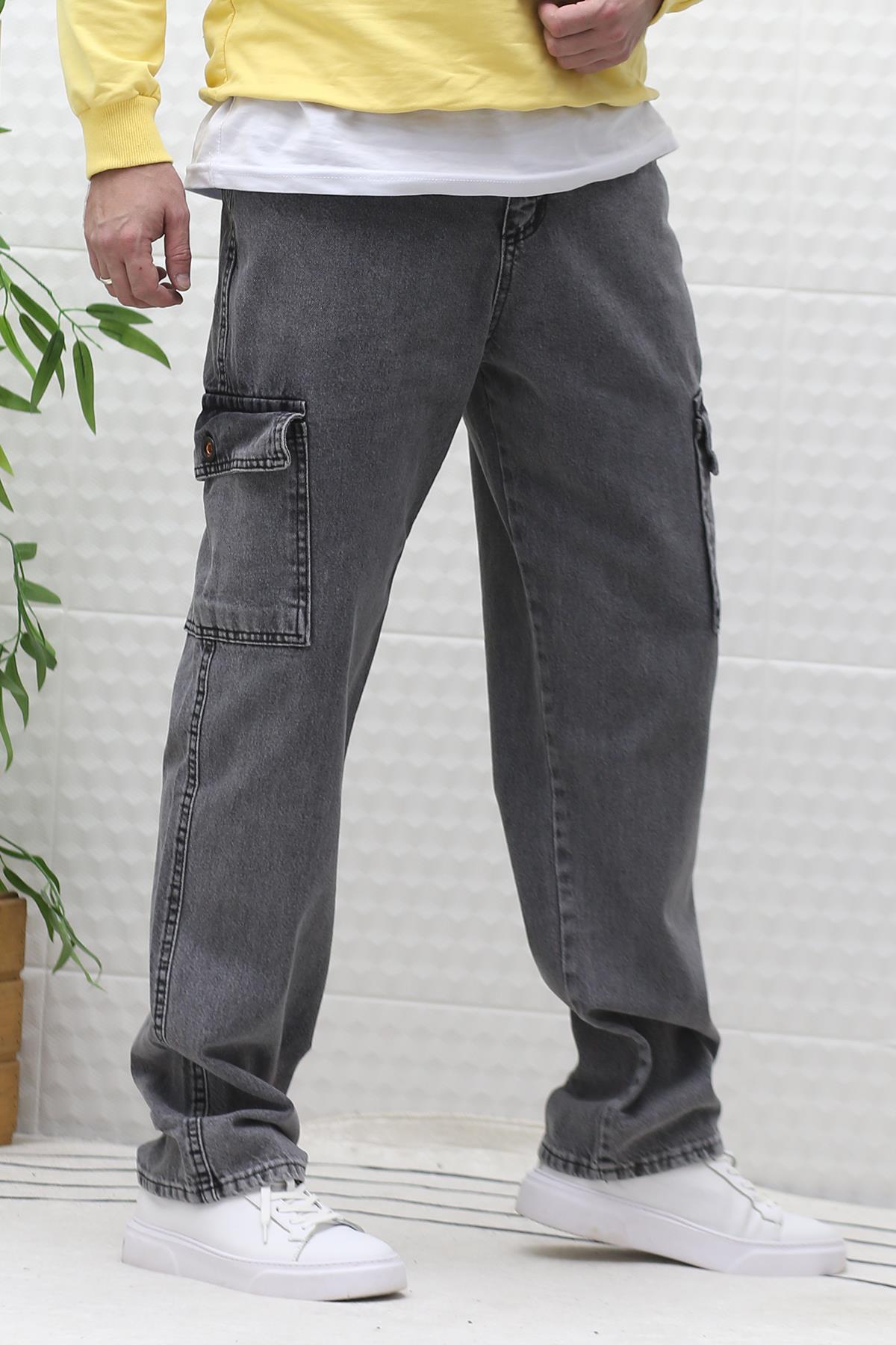 Erkek Kargo Cepli Rahat Kesim Baggy Kot Pantolon - Füme