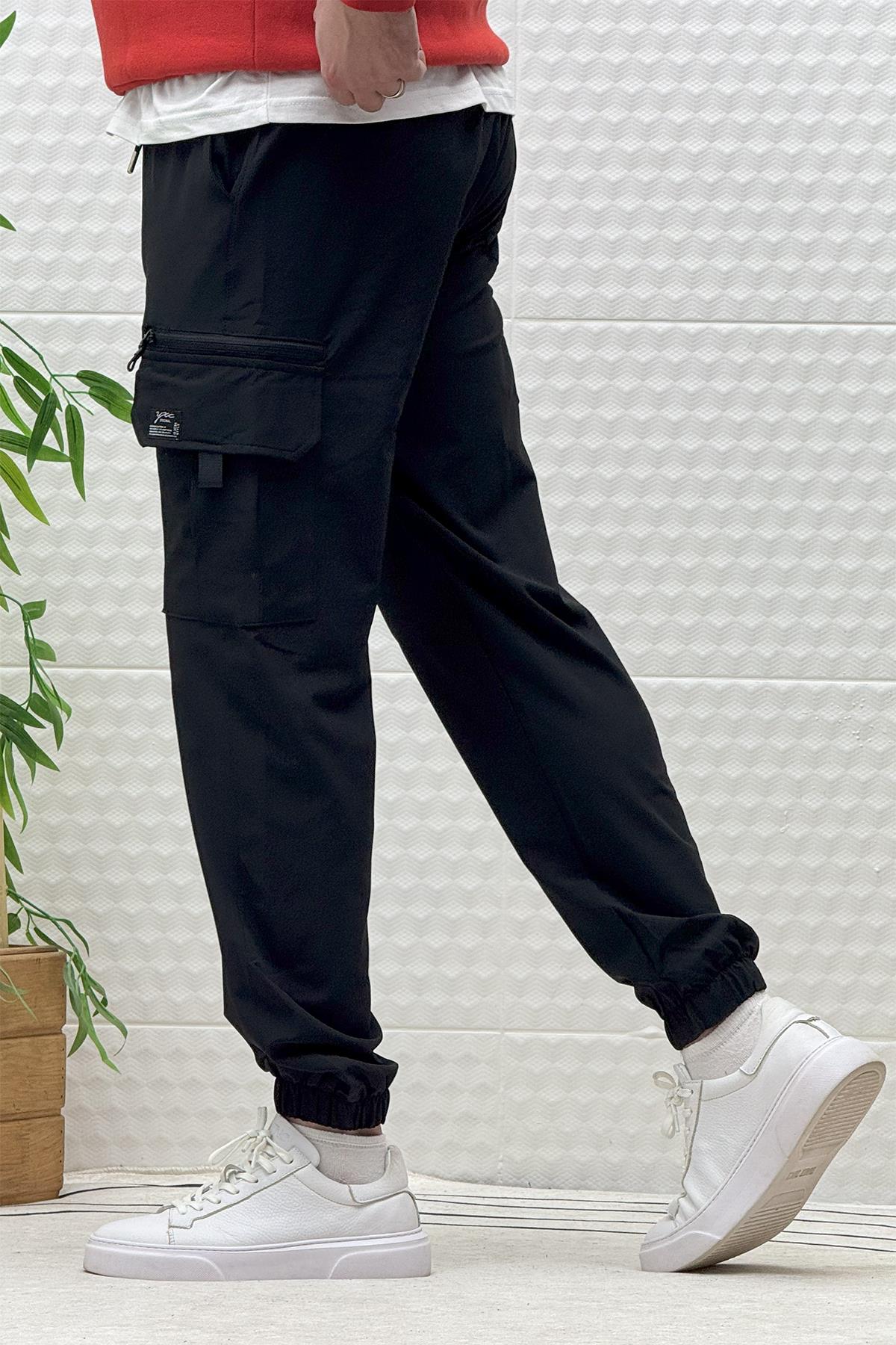 Erkek Kargo Cepli Rahat Kullanım Paraşüt Jogger Pantolon - Siyah