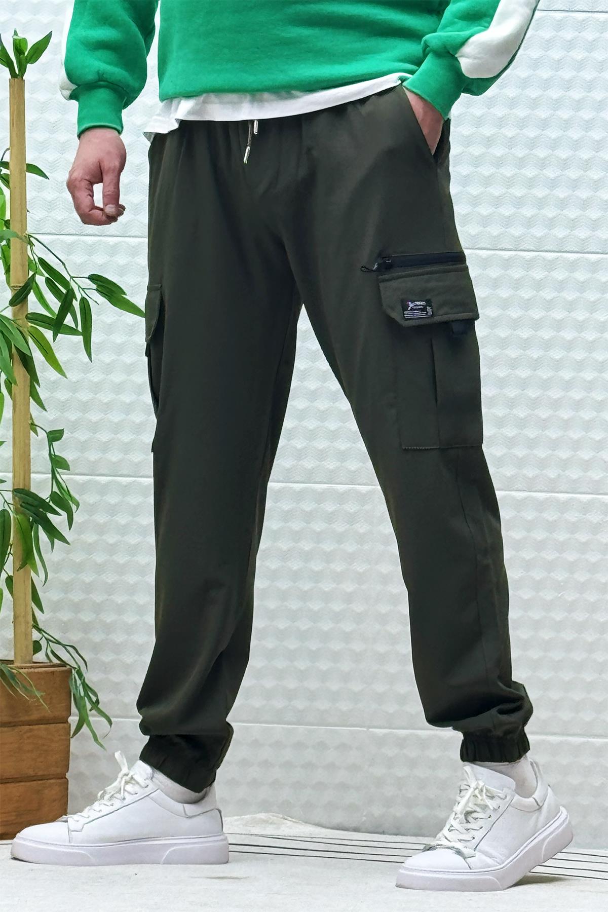 Erkek Kargo Cepli Rahat Kullanım Paraşüt Jogger Pantolon - Haki Yeşil