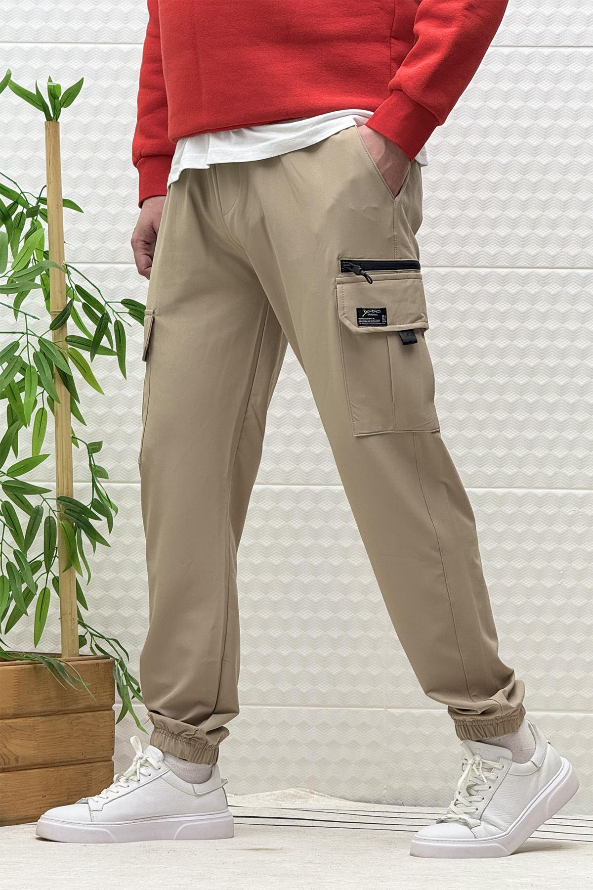 Erkek Kargo Cepli Rahat Kullanım Paraşüt Jogger Pantolon - Vizon