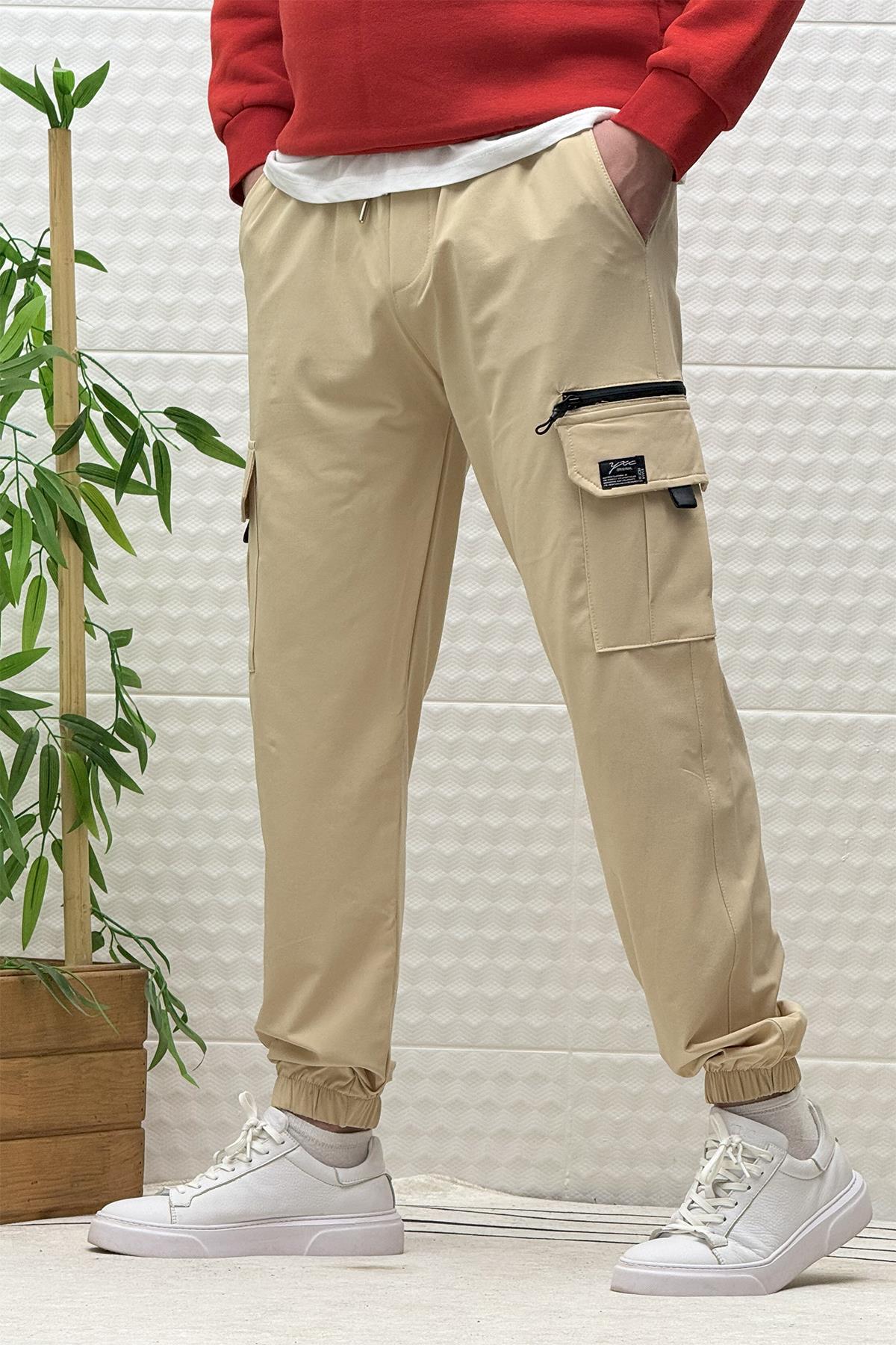 Erkek Kargo Cepli Rahat Kullanım Paraşüt Jogger Pantolon - Bej