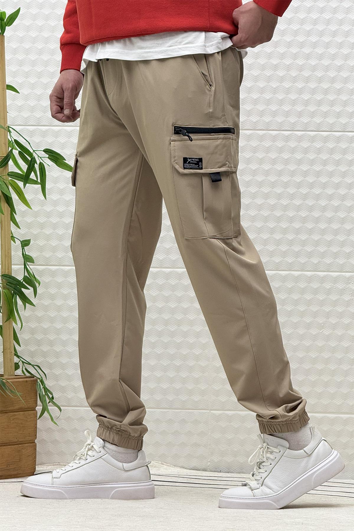 Erkek Kargo Cepli Rahat Kullanım Paraşüt Jogger Pantolon - Vizon