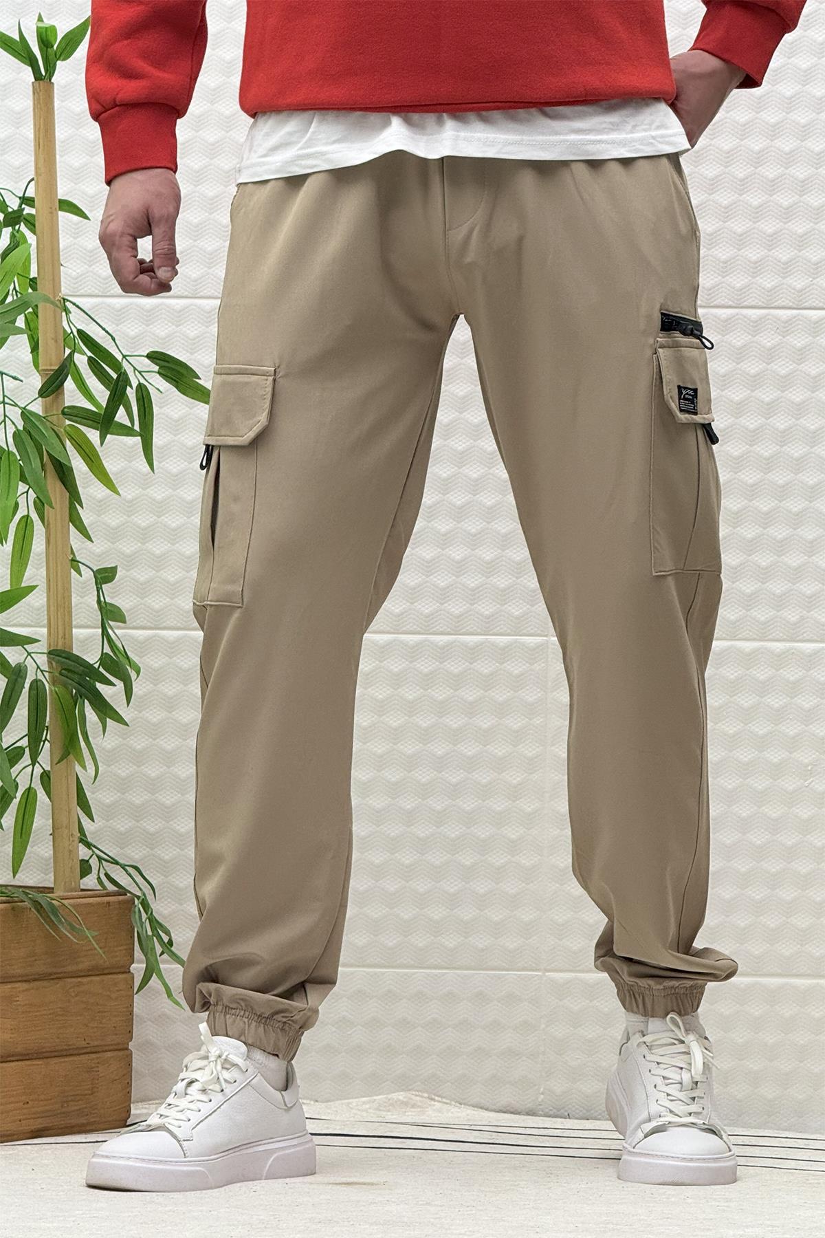 Erkek Kargo Cepli Rahat Kullanım Paraşüt Jogger Pantolon - Vizon