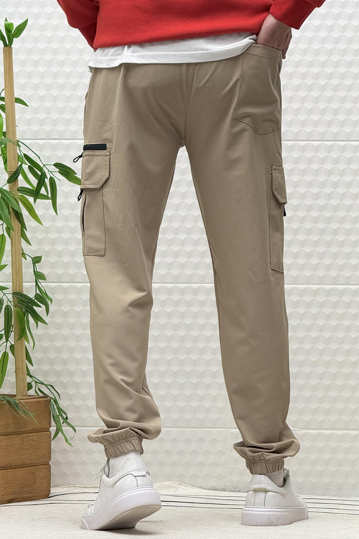 Erkek Kargo Cepli Rahat Kullanım Paraşüt Jogger Pantolon - Vizon