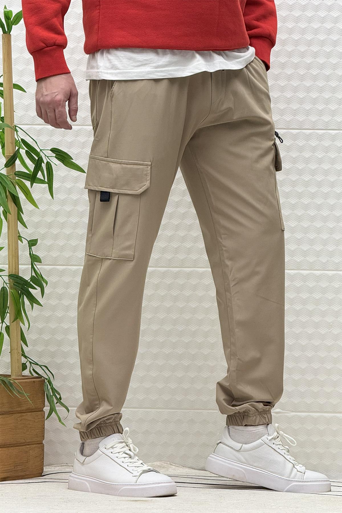 Erkek Kargo Cepli Rahat Kullanım Paraşüt Jogger Pantolon - Vizon