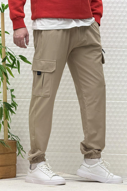 Erkek Kargo Cepli Rahat Kullanım Paraşüt Jogger Pantolon - Vizon