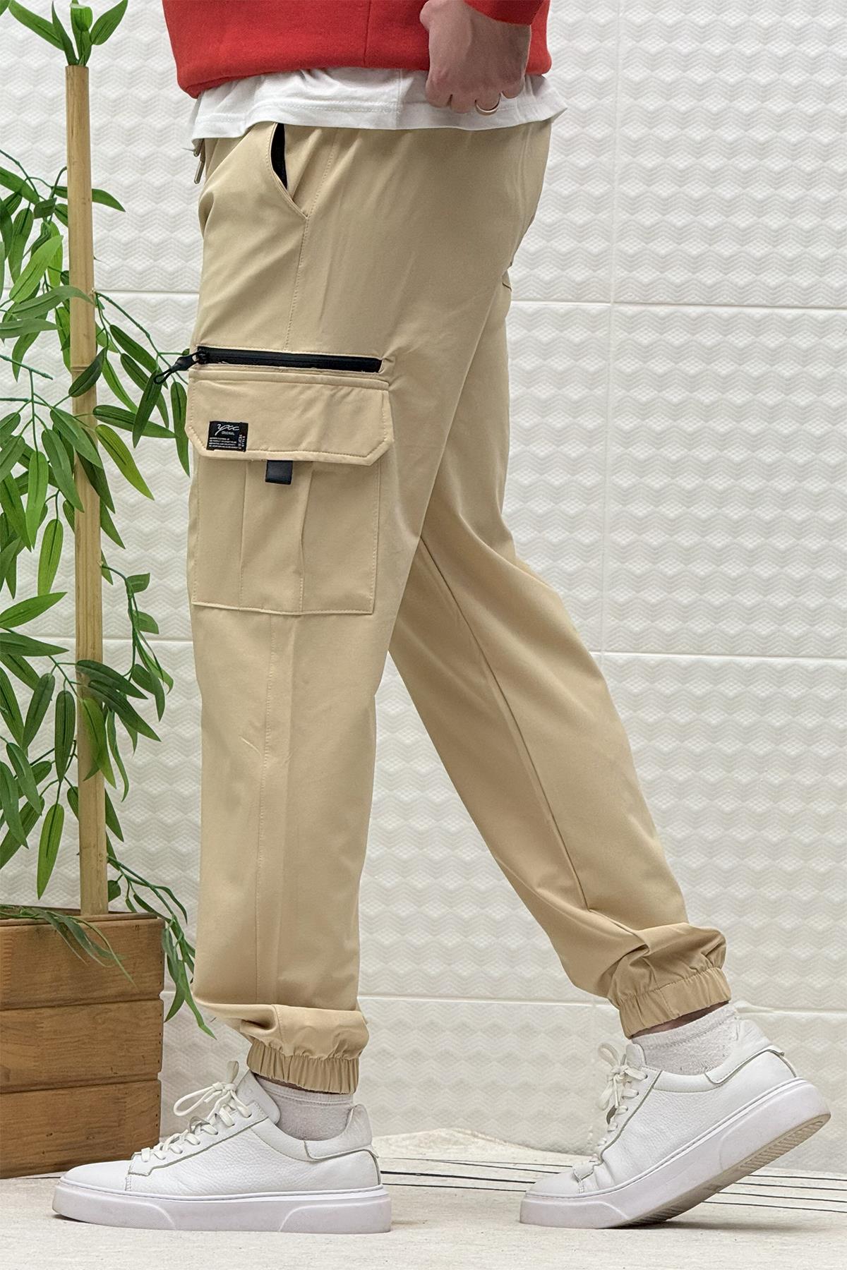 Erkek Kargo Cepli Rahat Kullanım Paraşüt Jogger Pantolon - Bej