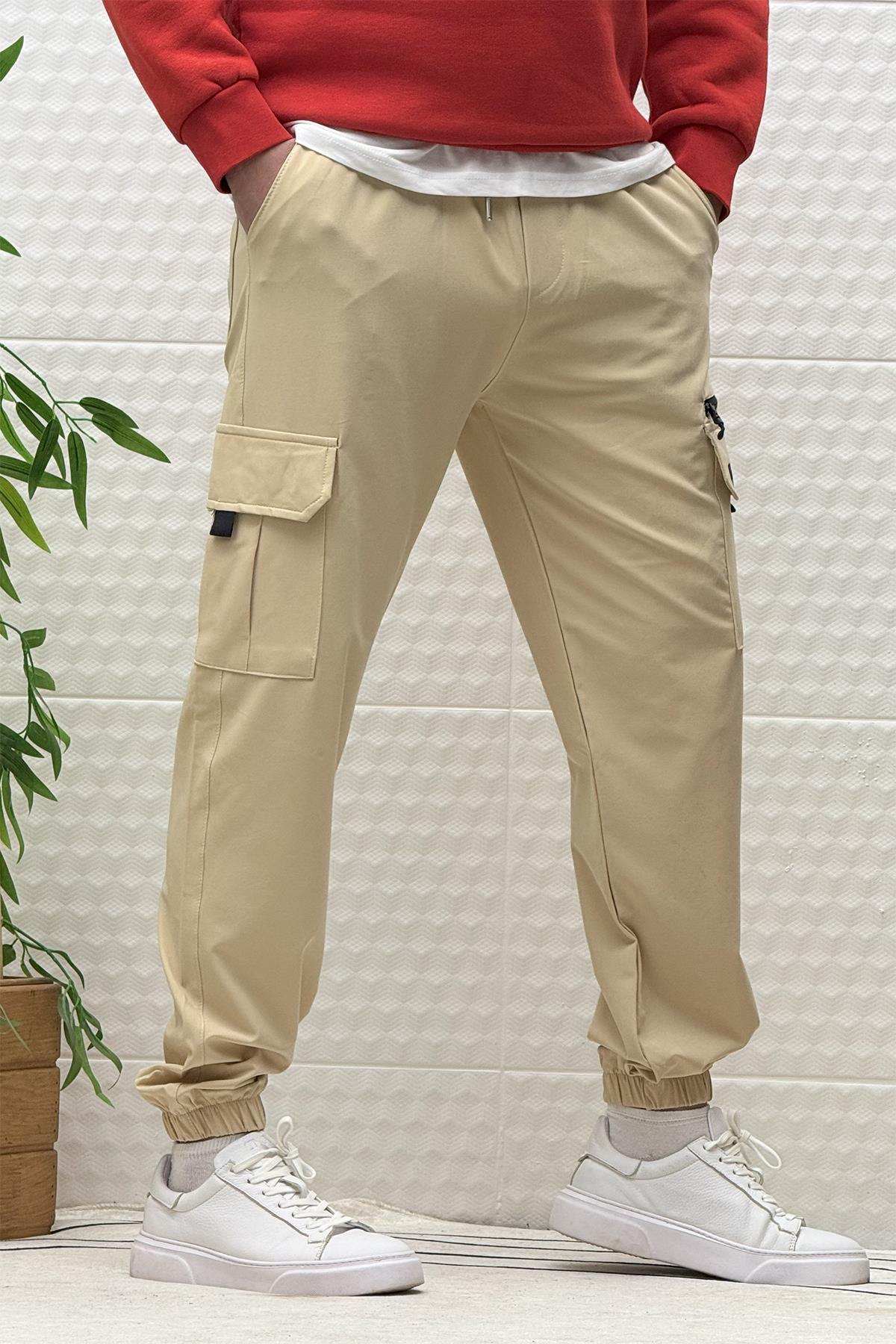 Erkek Kargo Cepli Rahat Kullanım Paraşüt Jogger Pantolon - Bej