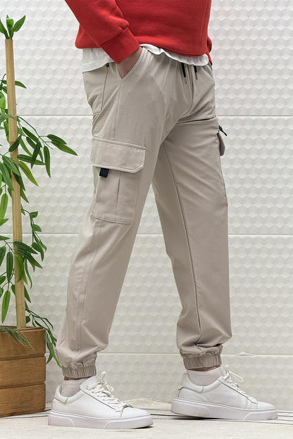 Erkek Kargo Cepli Rahat Kullanım Paraşüt Jogger Pantolon - Taş Rengi