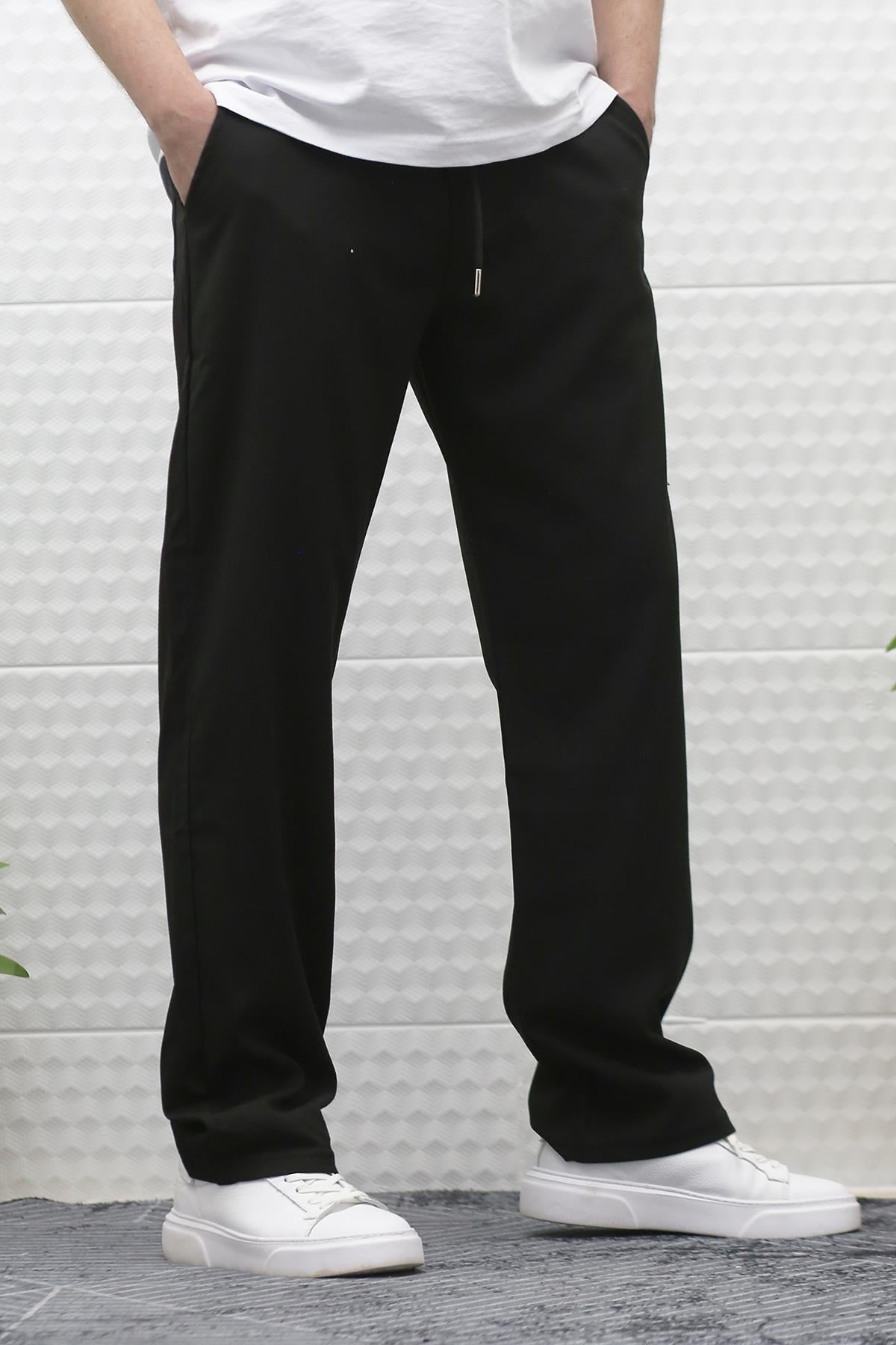 Erkek Yazlık Kumaş Baggy Beli Lastikli Pantolon - Siyah