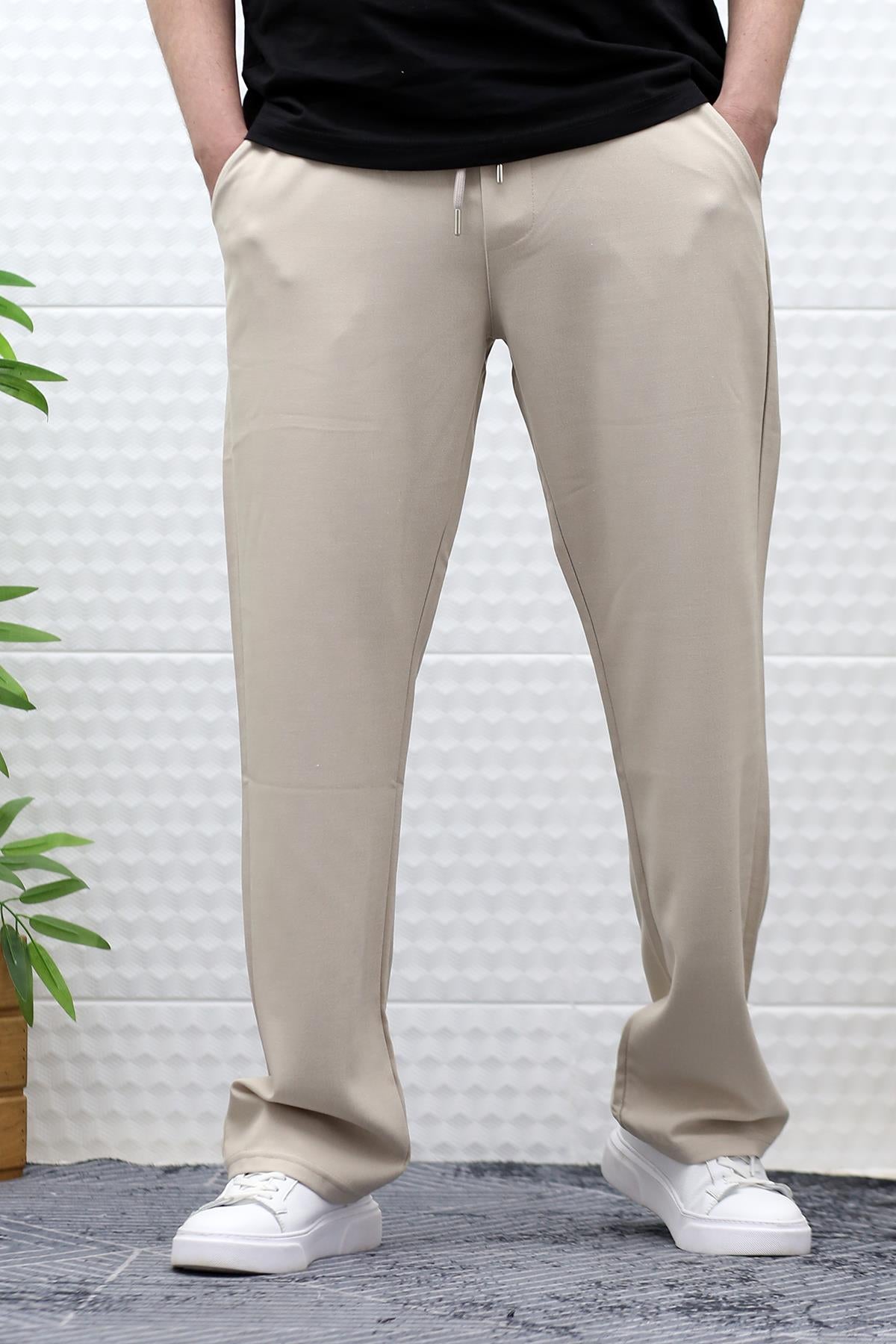 Erkek Yazlık Kumaş Baggy Beli Lastikli Pantolon - Bej