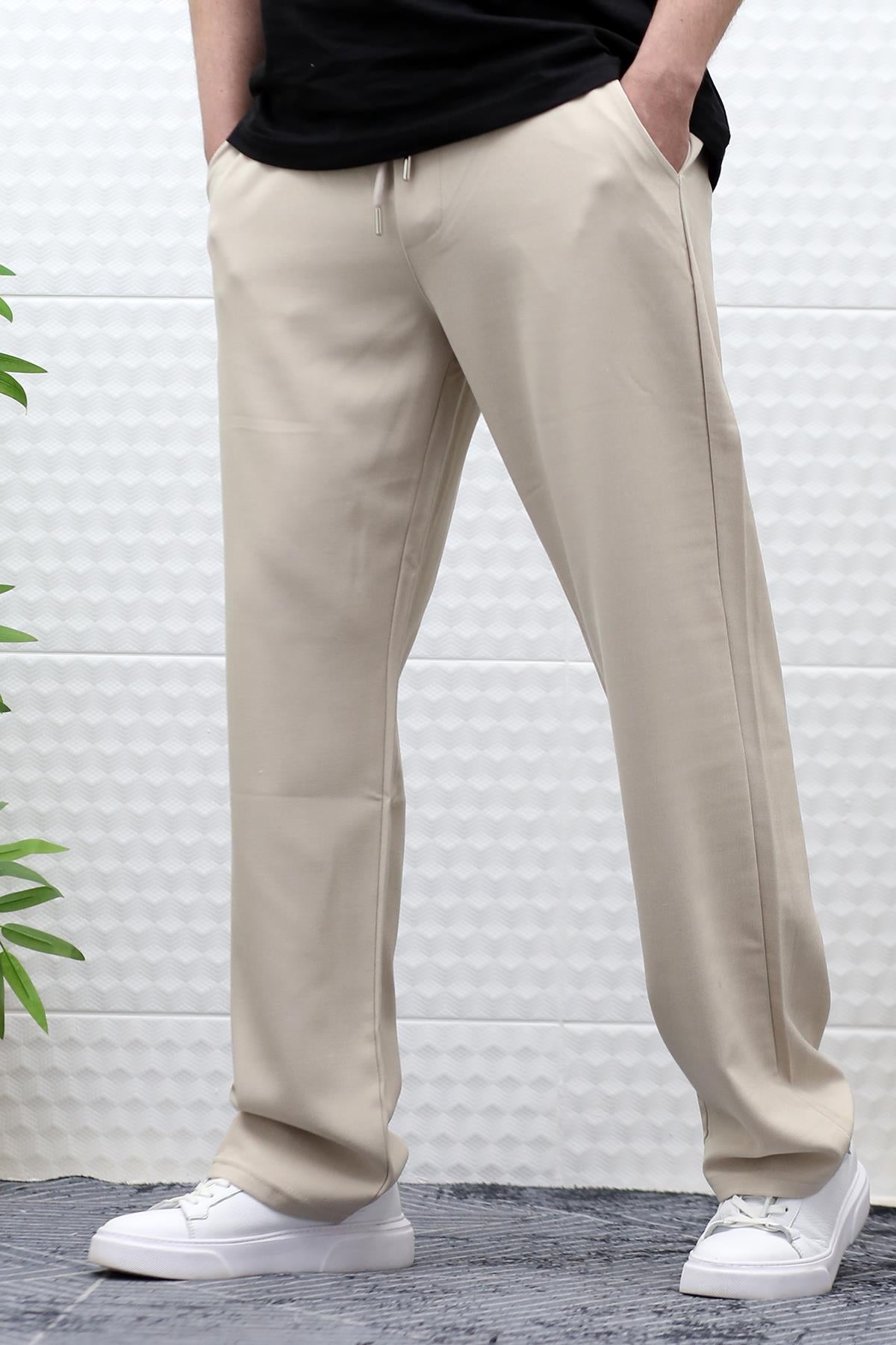 Erkek Yazlık Kumaş Baggy Beli Lastikli Pantolon - Bej