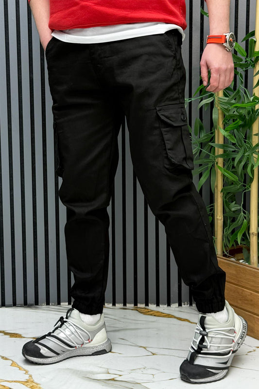 Erkek Keten Likralı Gabardin Kargo Cepli Pantolon (6 CEPLİ) - Siyah