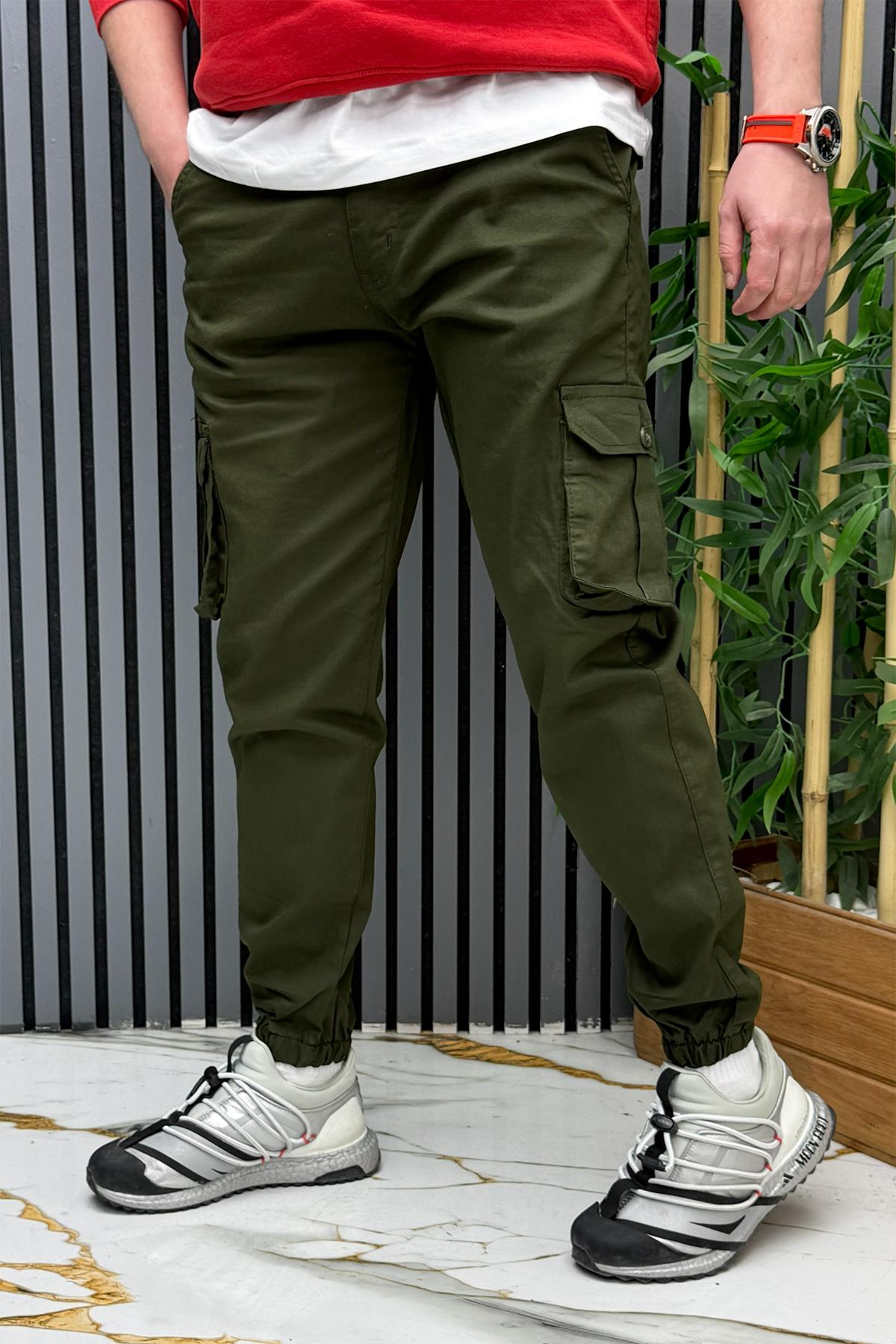 Erkek Keten Likralı Gabardin Kargo Cepli Pantolon (6 CEPLİ) - Haki Yeşil