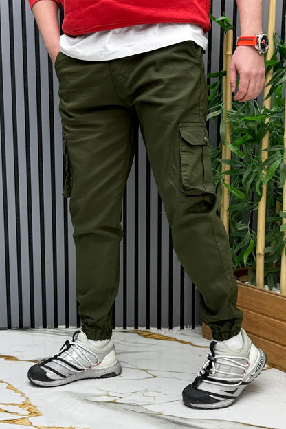 Erkek Keten Likralı Gabardin Kargo Cepli Pantolon (6 CEPLİ) - Haki Yeşil